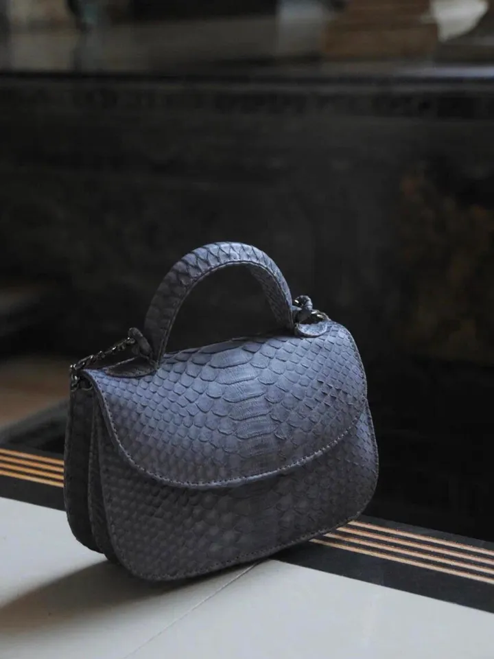 Genuine Python Skin Top Handle Gray Crossbody Bag | Exotic Leather Bags | Snakeprint Bag | Handmade Designer Bag | Gift For Her