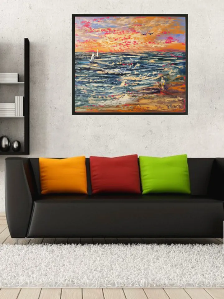 Sailboat Surfing Sea Sunset Seagulls Original Art Oil Painting Artist Svinar Oksana