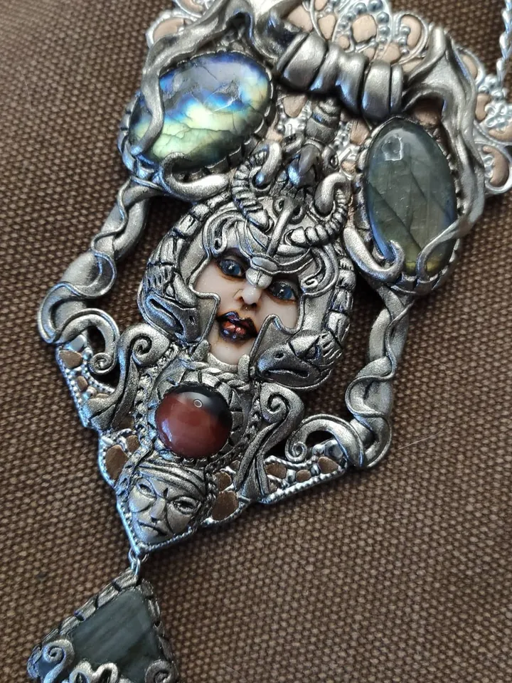 Necklace Goddess Hera, Art Nouveau style, with natural Labradorites and red agat