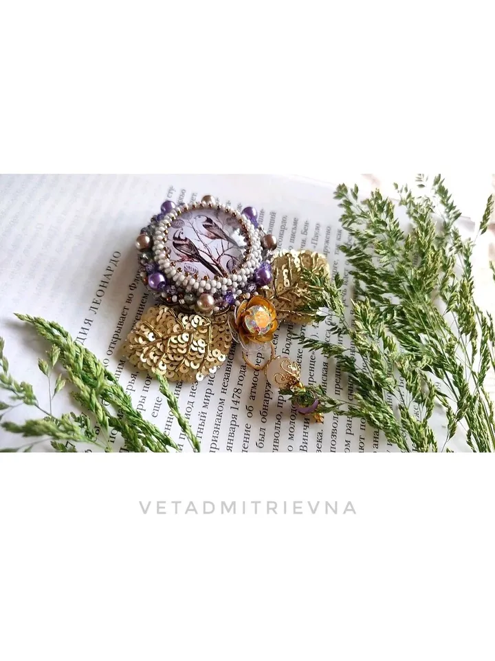 Brooch Pendant Embroidered with Birds on a branch and voluminous embroidery of leaves