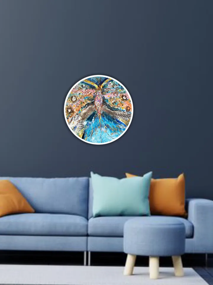 Abstract butterfly mix media painting on round canvas,original artwork,oil,acrylic feathers and beads decorated,unique home decoration ,gift