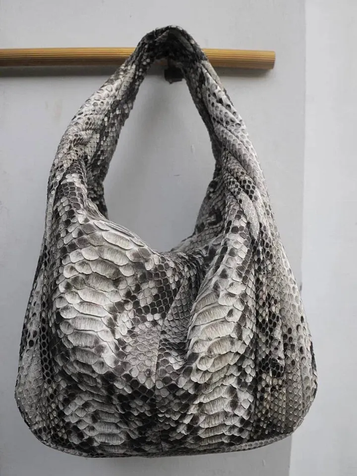 Big Soft Hobo Classy Sport Woman Stitched Bag | Purse Genuine Python Skin | Gray Big Elegant Leather Designer Soft Bag Snake | reptile hobo
