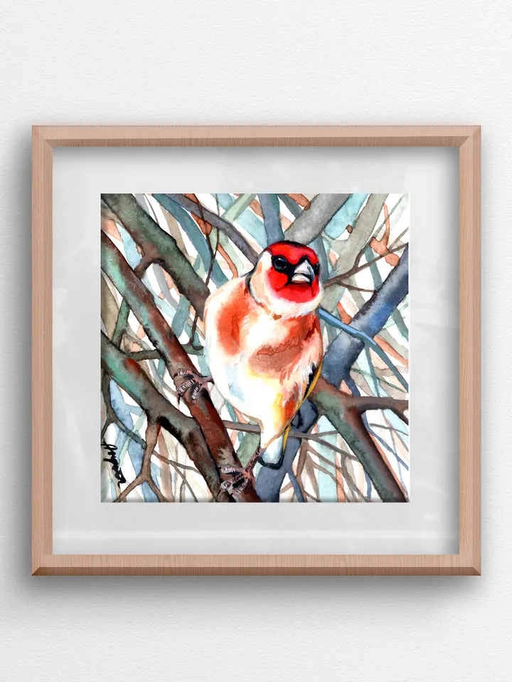 Goldfinch original watercolor, birds painting, handmade wall decor, 5.7x5.7 in art for bird lovers by Anne Gorywine