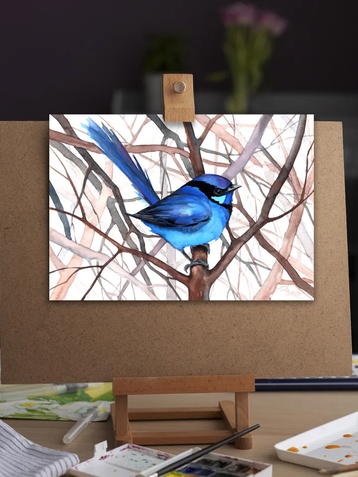 Blue fairy wren original watercolor, bird on the branch painting, bluebird portrait room decor, 8x11 in wall art for bird lovers handmade by Anne Gorywine
