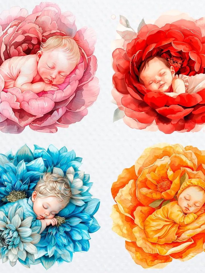 12 Baby in Flowers PNG Bundle, Baby Shower Printable Watercolor clipart for sublimation, High Quality PNG, Digital Paper craft, junk journal