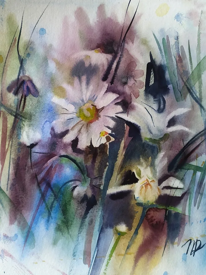 Daisy Painting Floral original art 12 by 12 White Flower watercolor square wall art aquarelle by Natalia Plotnikova