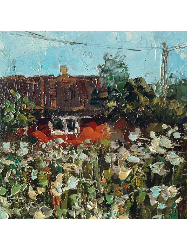 Sunlit Houses painting 8x12” ORIGINAL ART Impressionist Village landscape hand painted by artist Marina Chuchko