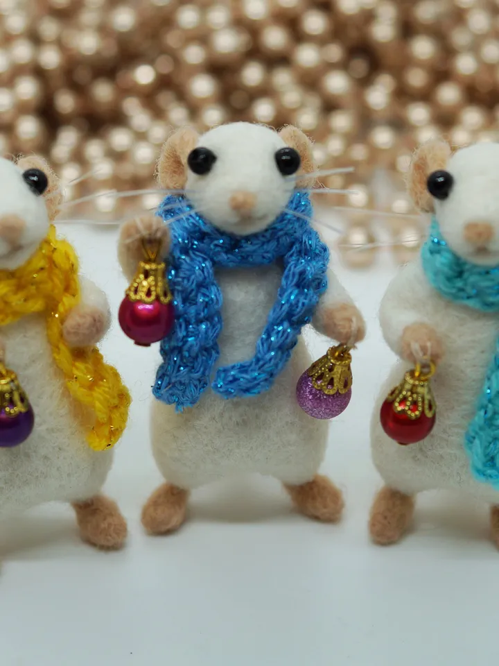 William the mouse, miniature needle felted mouse in a blue scarf, Christmas gift, made to order