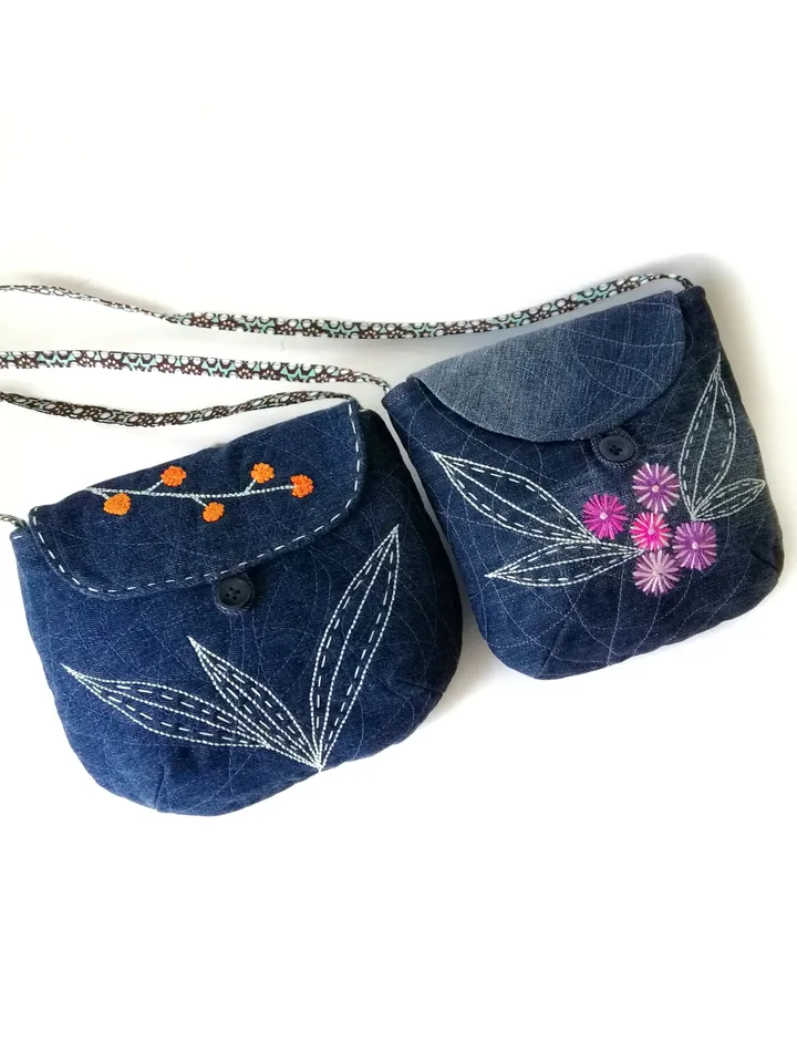 Boho Chic Mini Denim Crossbody Bags: Handmade Embroidered Shoulder Purses for Women, Floral Accents, Unique and Stylish. FREE SHIPPING!