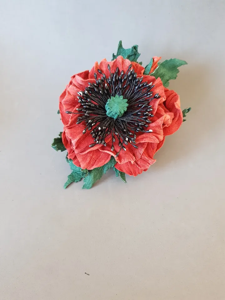 Red poppy leather brooch 3rd anniversary gift for wife, Leather women's jewelry