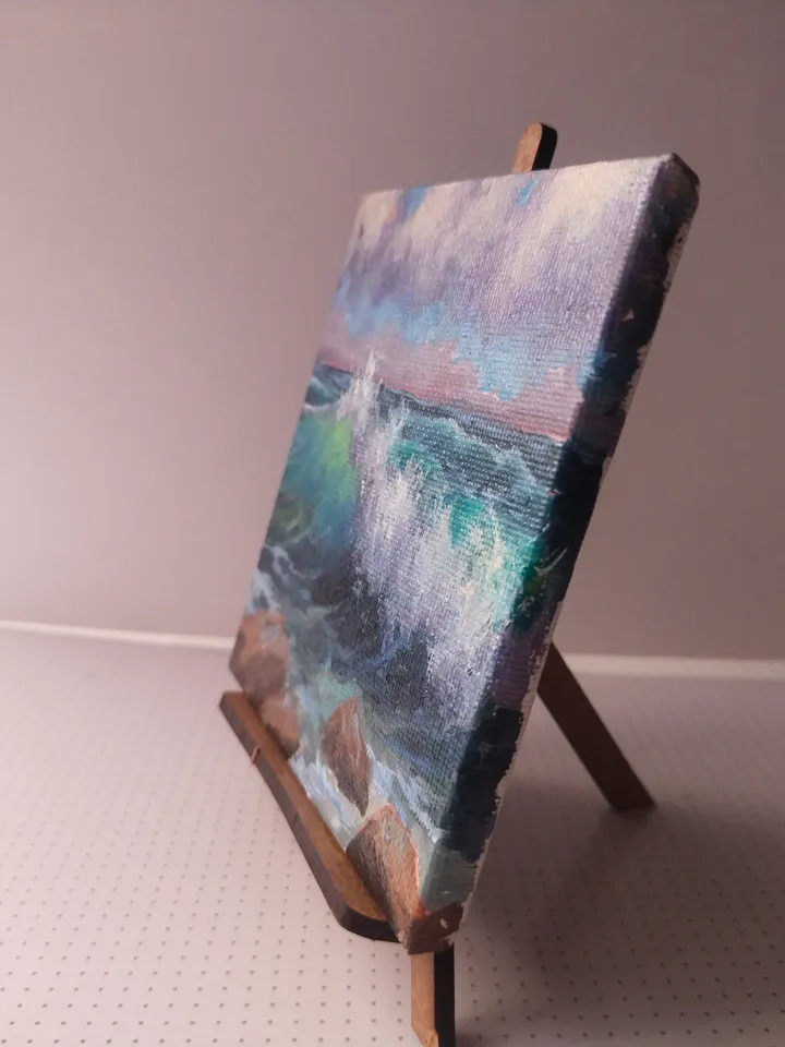 Original Seascape Oil Painting, Miniature canvas with easel, Turquoise Wave art decor, Unique gift for art lover