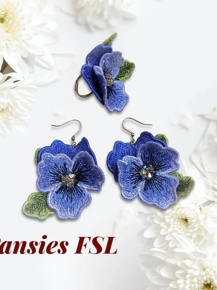 Pansies FSL machine embroidery designs Free standing lace embroidery pattern 3D flower embroidery motif Flower FSL embroidery Earrings FSL