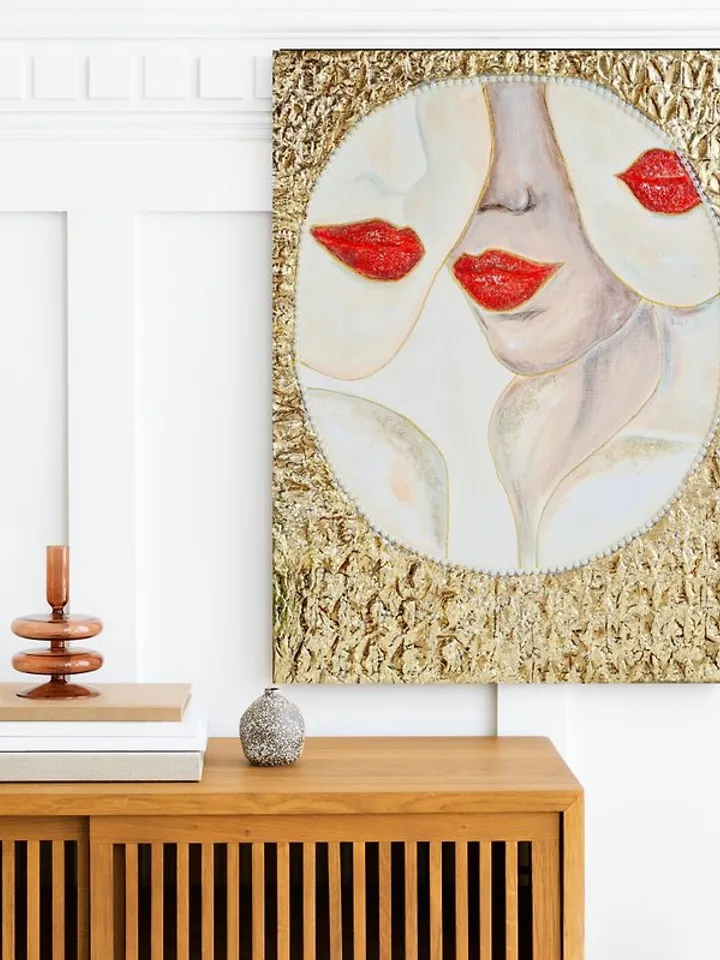 Handmade original wall painting Gold leaf painting on canvas 女人的脸在镜子里, 原创艺术, 肖像画