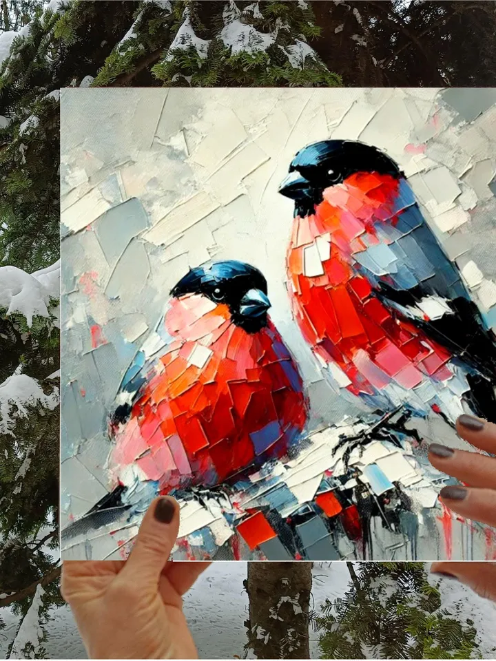 Bullfinches Painting On Canvas Birds Original Art Gifts Animal Artwork Bullfinch Impasto Oil Wall Art Personalized Gifts by ArtProkopaloSv