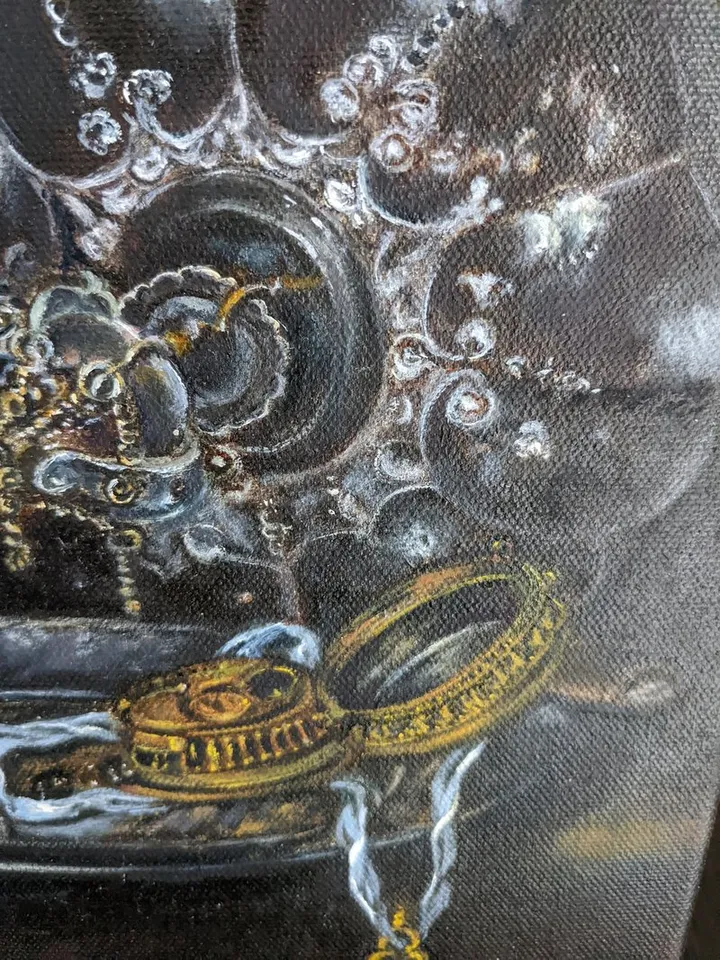 Oil Painting Still Life with Wine Glass, Pie and Antique Clock Original Art 16x12 inches