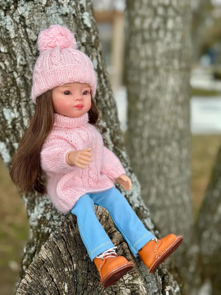 Set sweater & Hat with ponpon Paola Reina KNIT PATTERN and tutorial for Boneka 12-13 inch doll, Ruby Red Siblies, Les Cheries 32 cm PDF eng