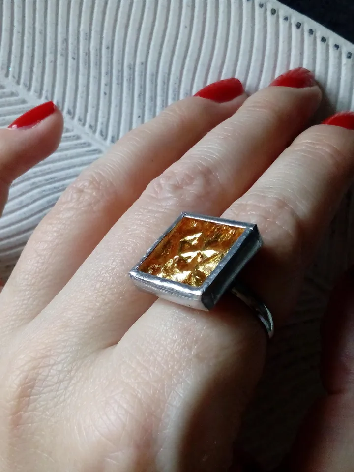 Glass ring, square glass, simple stained glass, tin soldered ring, stained glass ring, sparkling ring, shiny ring
