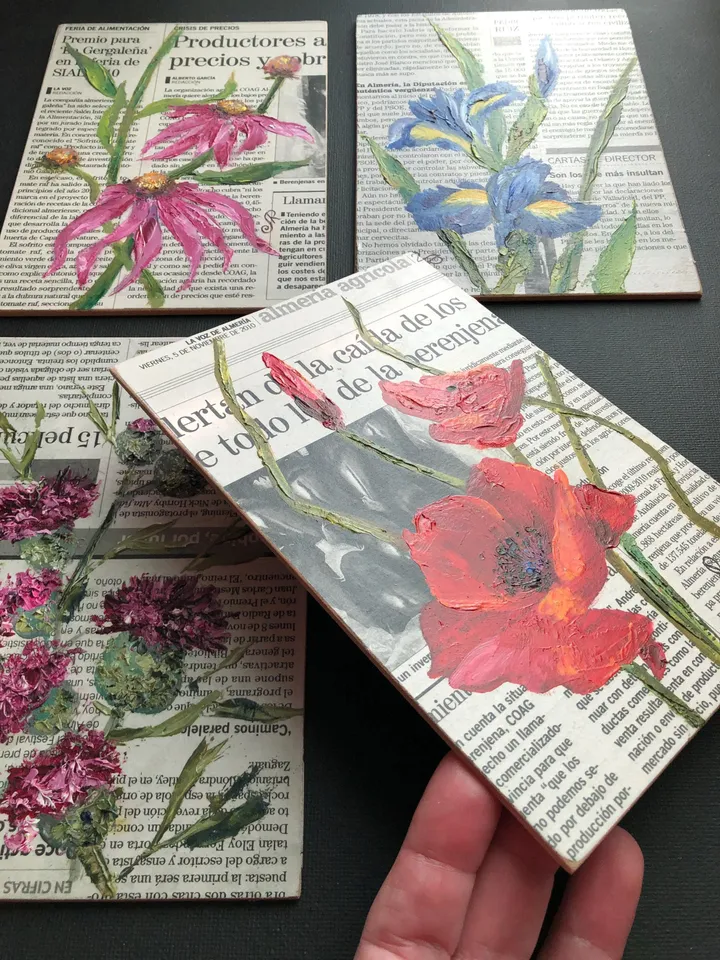 Flowers Original Painting Set of 4 Floral Oil Wall Art Dictionary Art