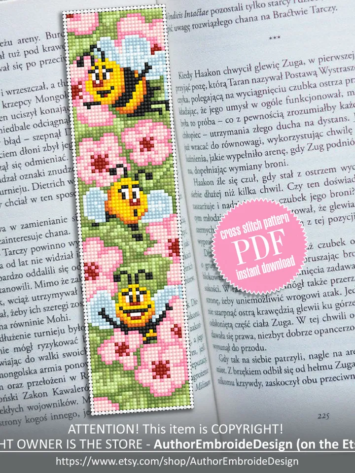 Bookmark kawaii cross stitch pattern PDF Handmade bookmark flowers embroidery beginners Nature xstitch chart Cute bees cross stitch #B34
