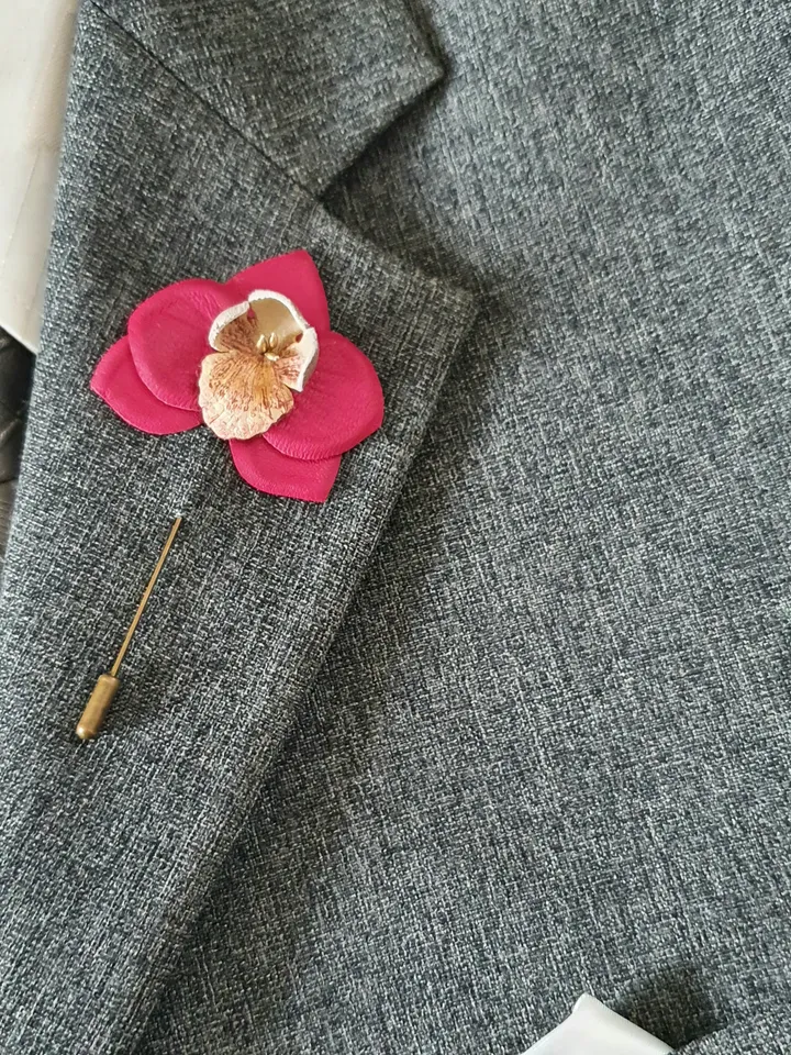 Burgundy orchid men's lapel pin Leather boutonniere for him 3rd anniversary gift, art.35