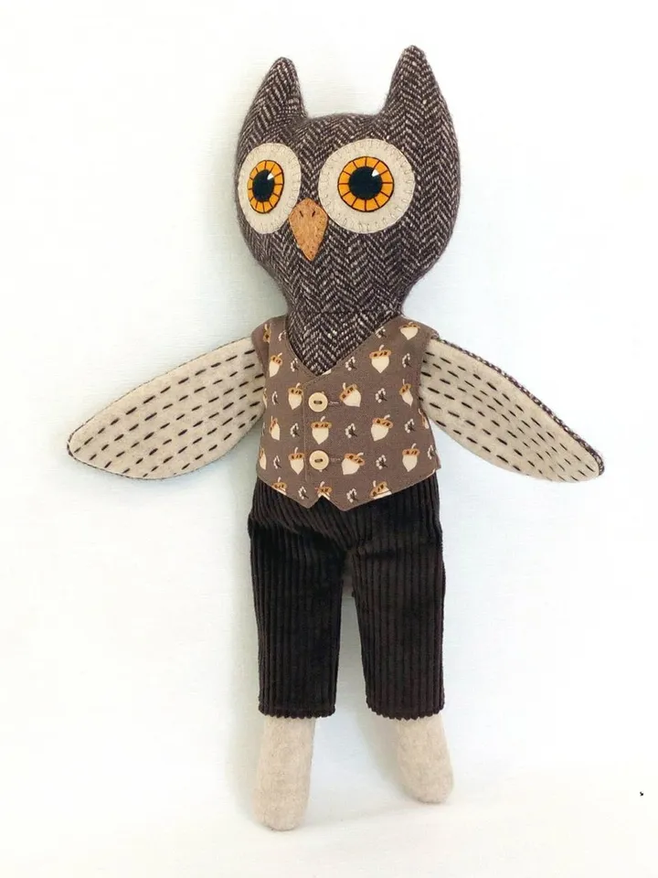 Owl boy, textile plush doll, handmade wool owl, stuffed bird toy