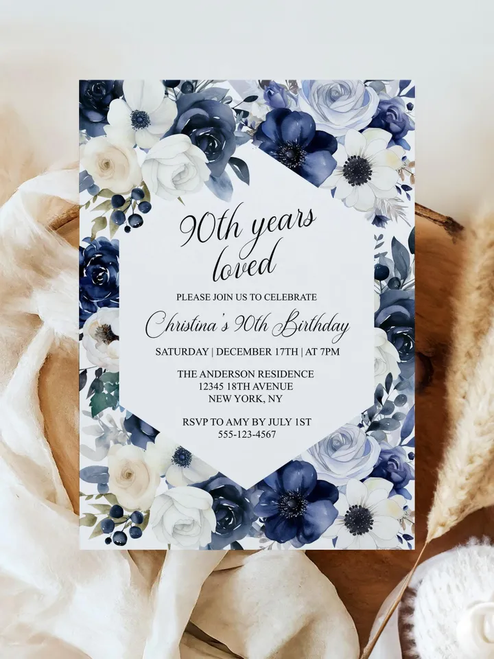 90th Birthday Invitations, Printable 90th Birthday Party Invitation, Navy Blush Floral 90th, 95th Birthday Invite - i133(2)