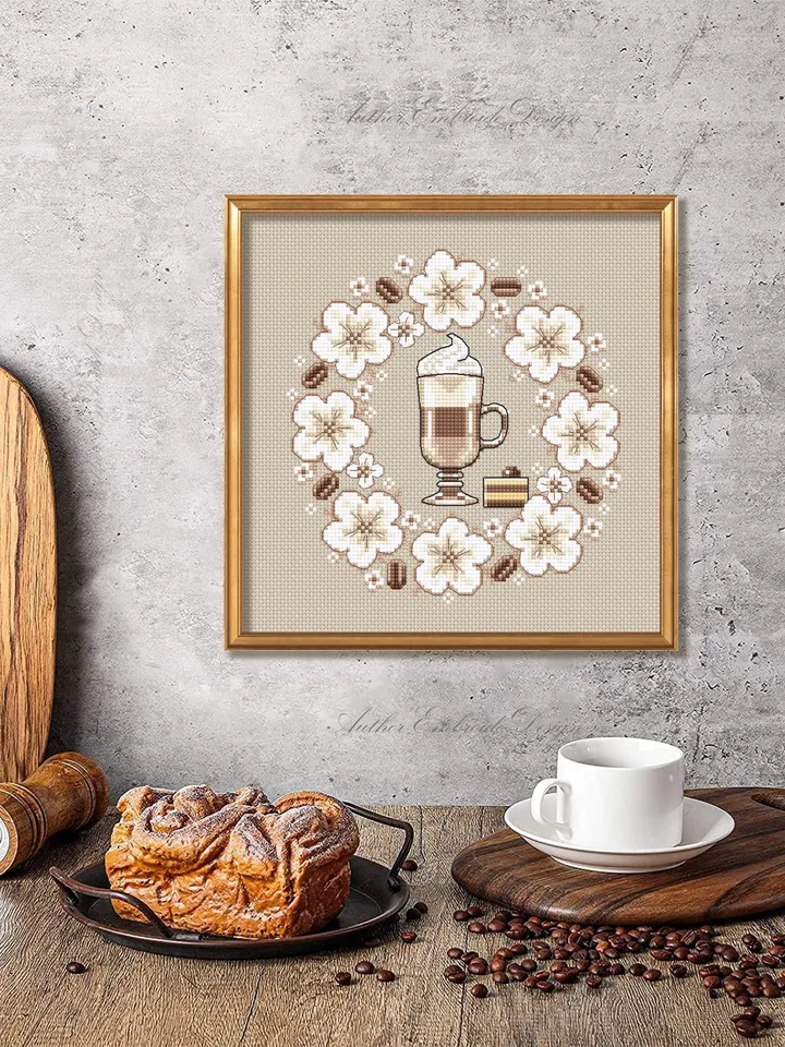 Coffee cross stitch pattern PDF download Latte cross stitch chart, Floral coffee pattern digital PDF, Flower wreath, Coffee lover gift #F19