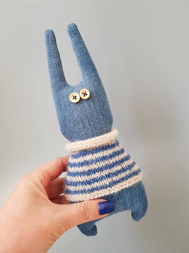 Rabbit sewing and knitted patterns PDF digital tutorial, denim Rabbit in striped sweater