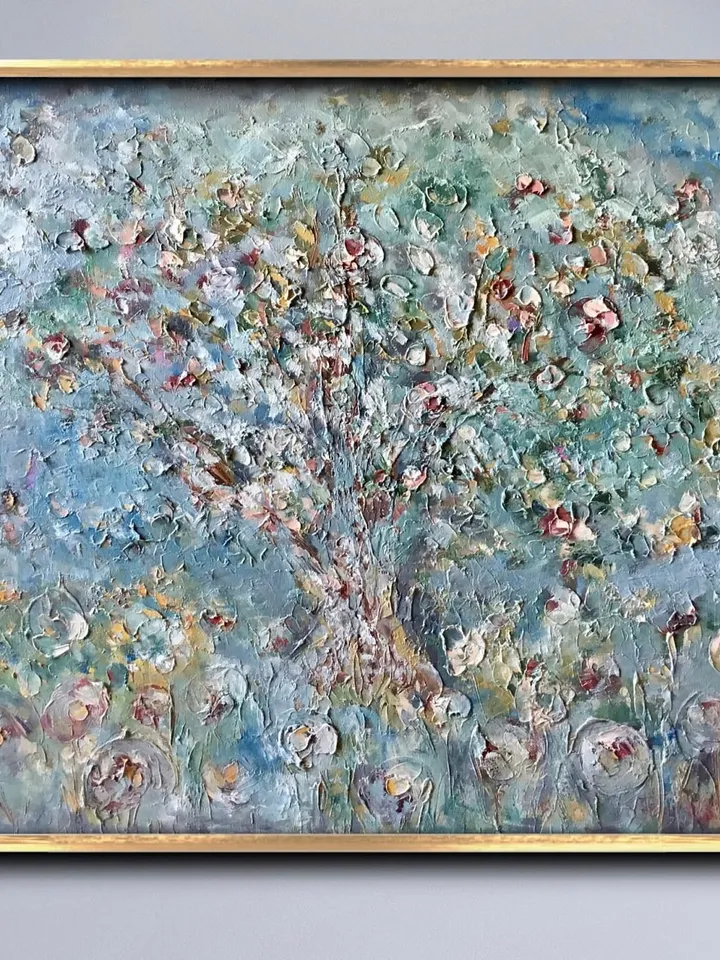 Apple tree original oil impasto style textured painting on stretched canvas,home decoration,impressionistic,large canvas wall art