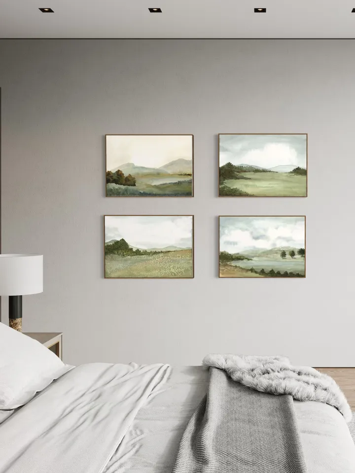Landscape Painting Set Of 4 Watercolor Art Prints, Neutral Mountain, Wall Art Set, Home Office Poster, Over Bed Wall Decor,Vintage Print Set
