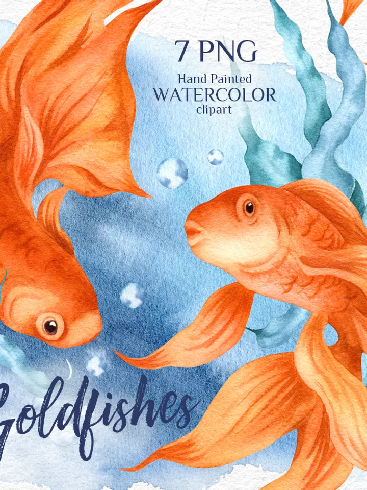Goldfishes. Watercolor printable clipart. Nautical. Wall art, kids room decor, nursery decoration, decoupage. PNG files. Instant download