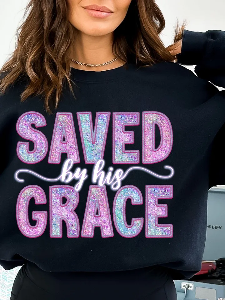 Saved By His Grace Faux Sequins Embroidered PNG, Easter Christian Png, Easter Bible Verse, Risen doodle png, retro easter png, Boho Design