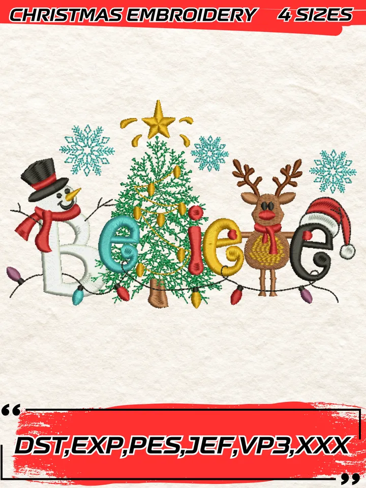 Believe Christmas Embroidery Design,Christmas Embroidery Design,4 Sizes, Digital Download #5
