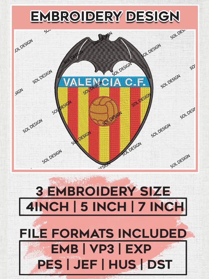 Valencia Logo Embroidery Design, La Liga Embroidery files, La Liga Valencia Teams, Football, Digital Download