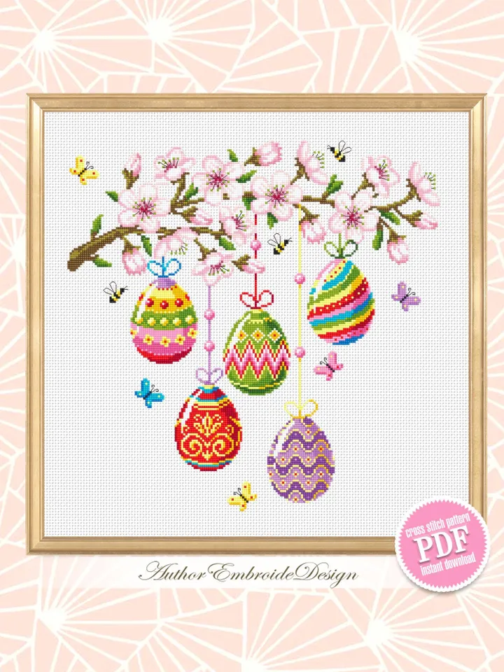 Happy Easter cross stitch pattern PDF download Easter eggs cross stitch chart, Spring pattern digital PDF, Cherry blossoms cross stitch #T45