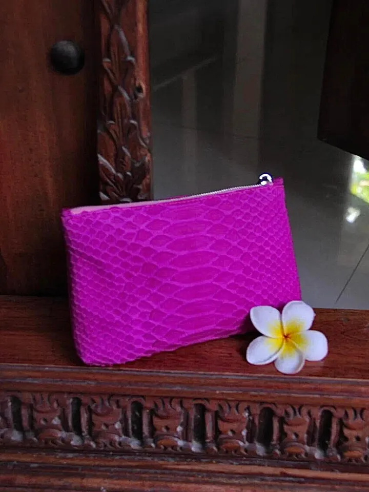 Genuine python skin hot pink cosmetic bag/ Purse Insert Organizer/ Bag Insert For Tote Bag/ exotic leather wallet / small snake skin clutch