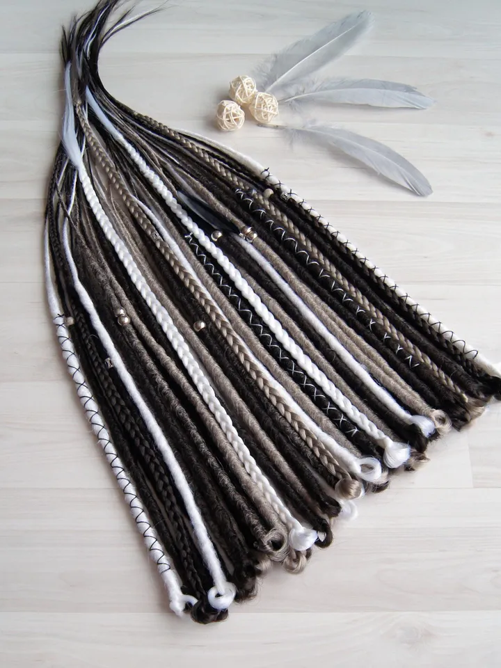 Smooth Dreadlock Extensions Set Synthetic Dreads Statement hair in Natural Brown and White Gray Shades, Boho Dreadlock Hair Extensions