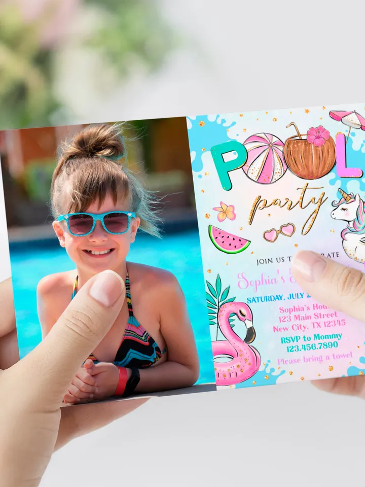 Pool Party Invitation Girl with Photo, Pool Party Unicorn Invitation Instant Download, Swimming Party Invite, Editable Template