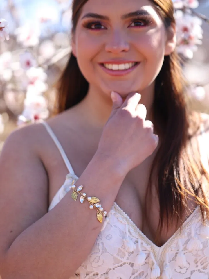 Boho Wedding Bracelet, Gold Leaf Statement Wedding Earrings, Pearl Bridal Bracelet, Statement Wedding Jewelry, Swarovski Crystal Jewellery
