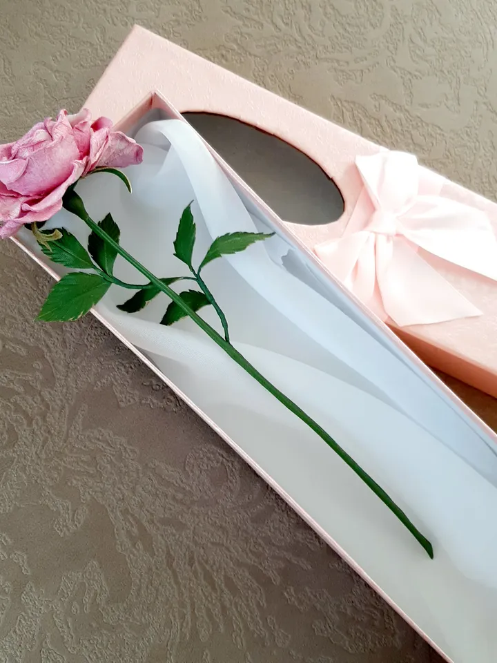 Pink leather rose long stem 3th anniversary gift for her, Leather flower living room decor