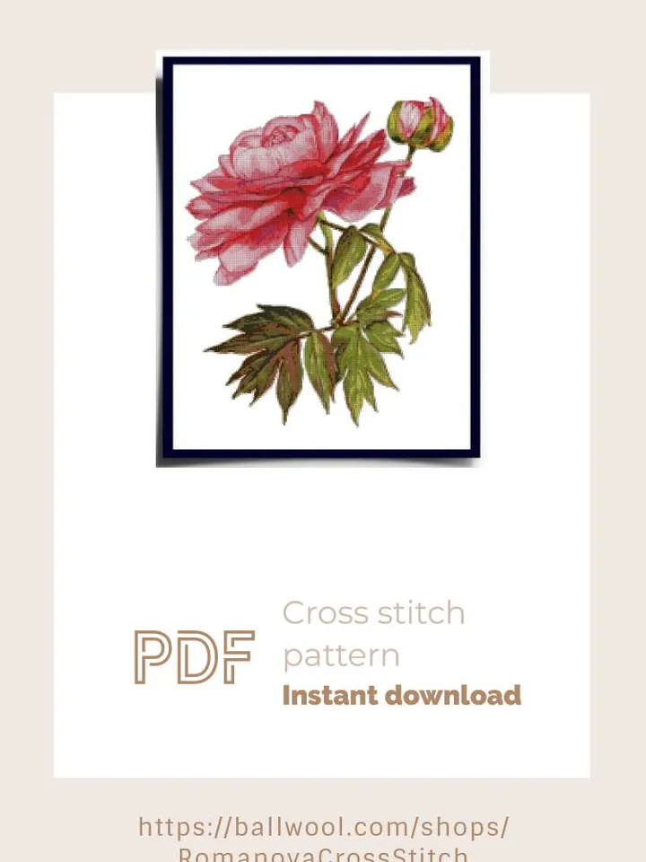 Watercolor Pink Peony cross stitch PDF pattern, Flower embroidery, Instant download