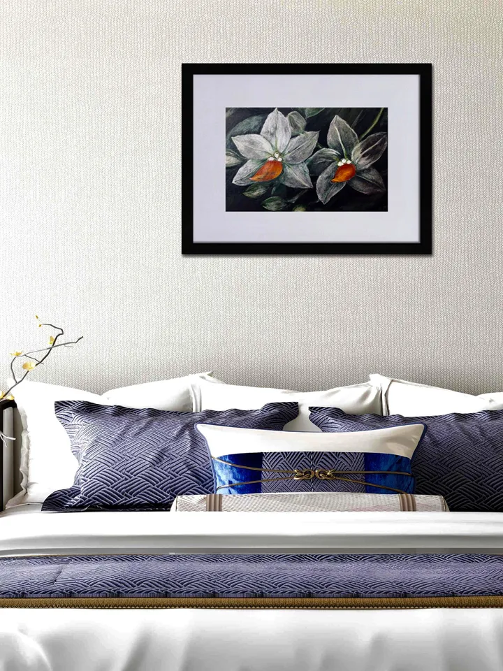 White orchids on black background Matte Paper Framed Poster,orchids painting,flowers wall art,home decoration gift.
