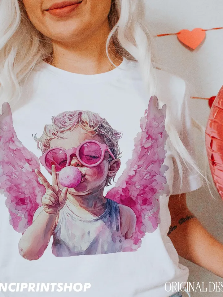 Retro Cupid Valentines Day Blowing Bubble PNG, Vintage Valentines Day png, Funny Cupid With Sunglasses png, Valentines Day png, Cupid png