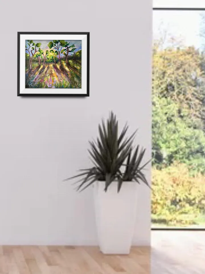Fantasy landscape original watercolour painting,trees and flower fields on sunset,home decoration,wall hanging,gift.