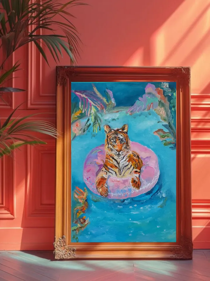 Oil painting 30x40cm (12x16 inches). Tigress at the resort