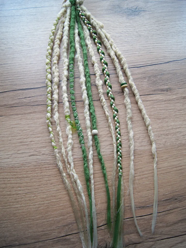 Dreads on hairband. Crochet Dreadlocks extensions. Ponytail blonde green synthetic hair. Hippie Witchy Pagan Viking Bohemian Boho style