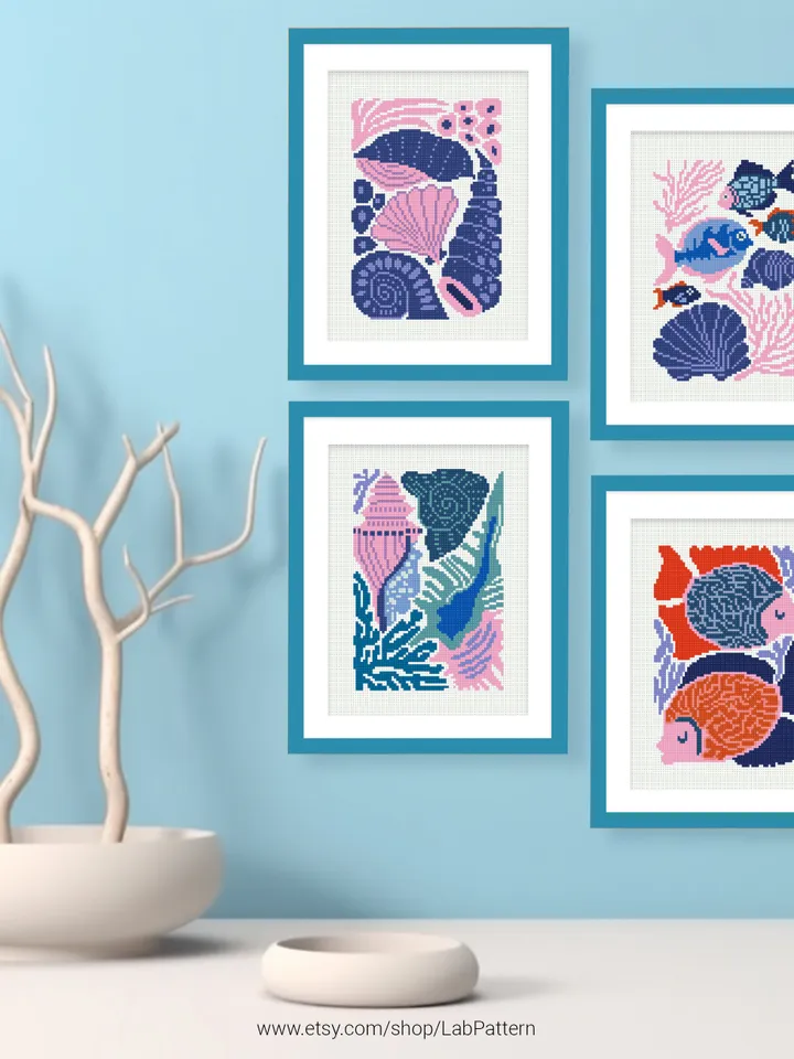 Bundle of 4 mini Sea Cross stitch patterns contemporary ocean fish shell Abstract beginner counted modern chart DIY embroidery instant PDF