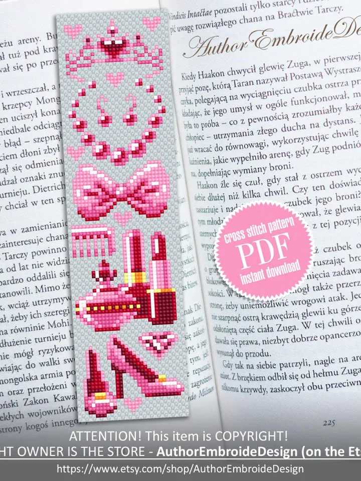 Fashion bookmark cross stitch pattern PDF download Women accessories cross stitch chart, Needlepoint bookmark pattern digital for girl #B452