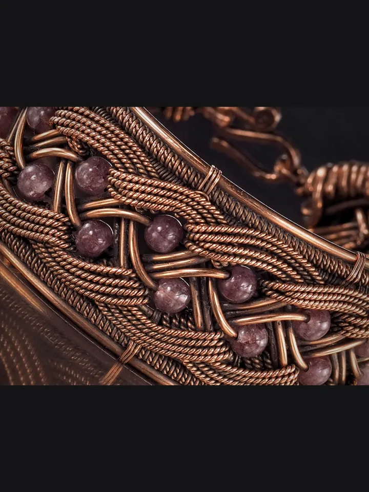 Copper wire wrapped bracelet with amethyst for lady Antique style WireWrapArt