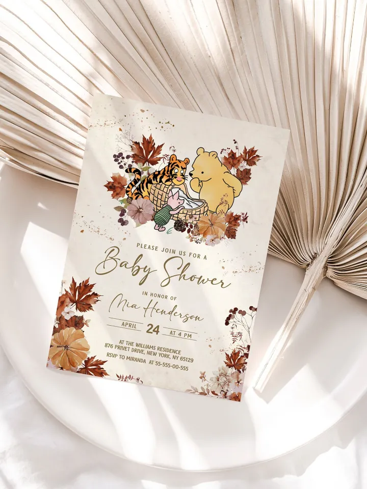 Autumn Winnie Pooh  Pumpkin Baby Shower Invitation; Pooh Baby Shower Editable Template; Pooh Pumpkin Baby Shower; Baby Shower trend  wpum12